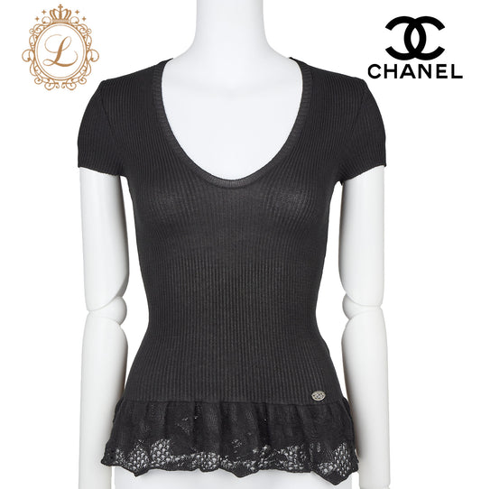 CHANEL T-Shirt, Coco Mark Knit Lace, Cotton Nylon Blend, Black, Silver-Tone Hardware, Pre-Owned - Vintage La Charme