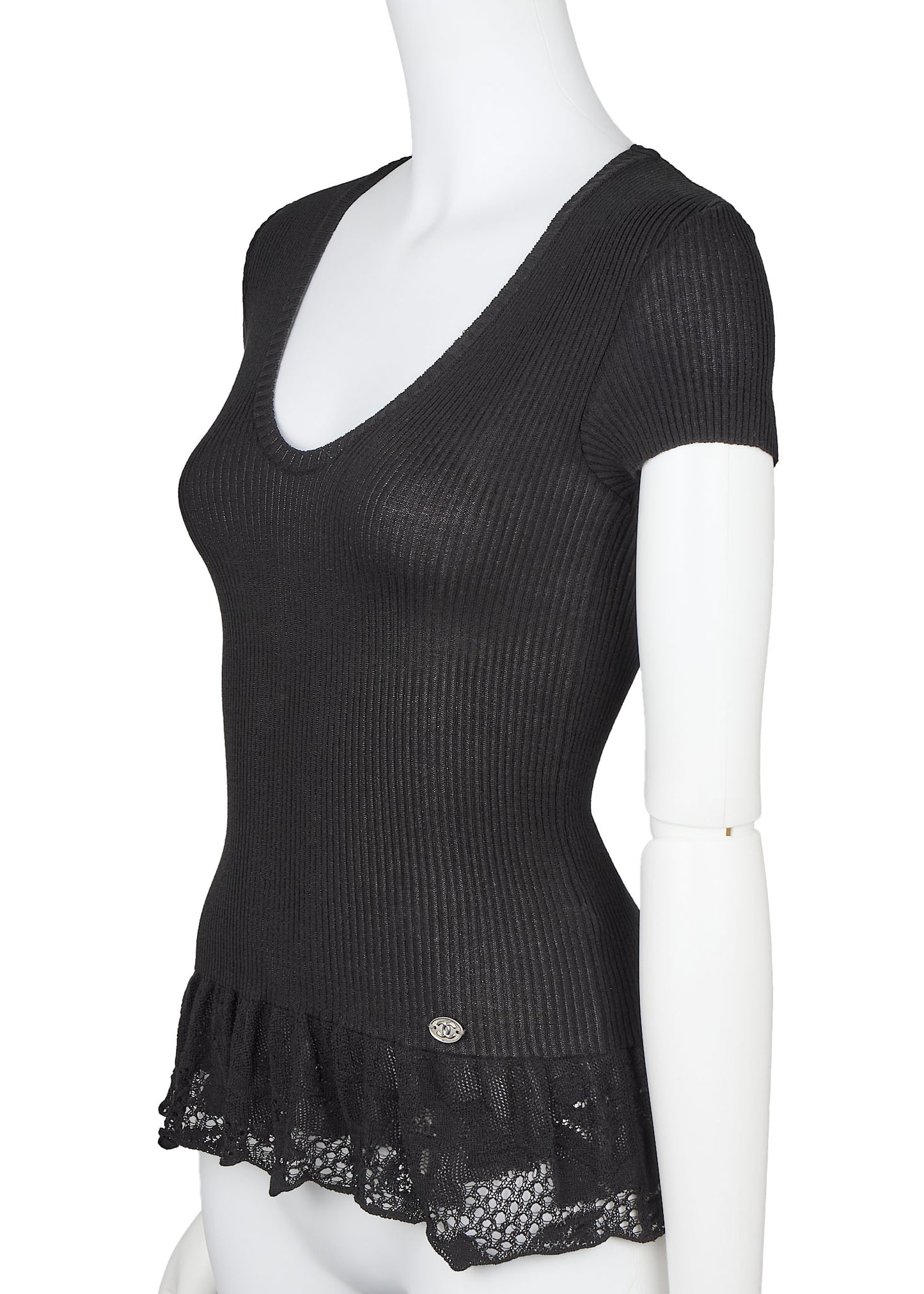 CHANEL T-Shirt, Coco Mark Knit Lace, Cotton Nylon Blend, Black, Silver-Tone Hardware, Pre-Owned - Vintage La Charme