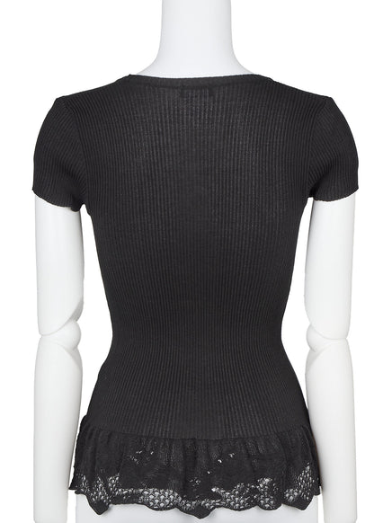 CHANEL T-Shirt, Coco Mark Knit Lace, Cotton Nylon Blend, Black, Silver-Tone Hardware, Pre-Owned - Vintage La Charme