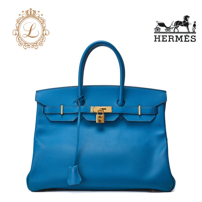 HERMES Birkin 35 Handbag Vo Epson Leather Blue Ismir Gold-Tone Hardware Pre-Owned - Vintage La Charme