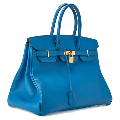 HERMES Birkin 35 Handbag Vo Epson Leather Blue Ismir Gold-Tone Hardware Pre-Owned - Vintage La Charme