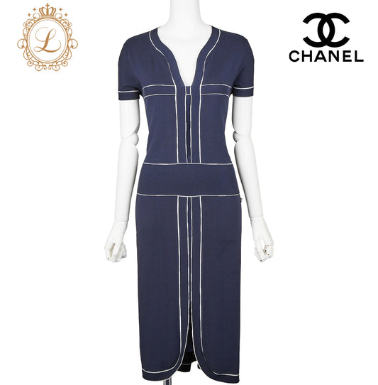 CHANEL One Piece Dress, Bicolor, Cotton, Navy, Gold-Tone Hardware, Pre-Owned - Vintage La Charme