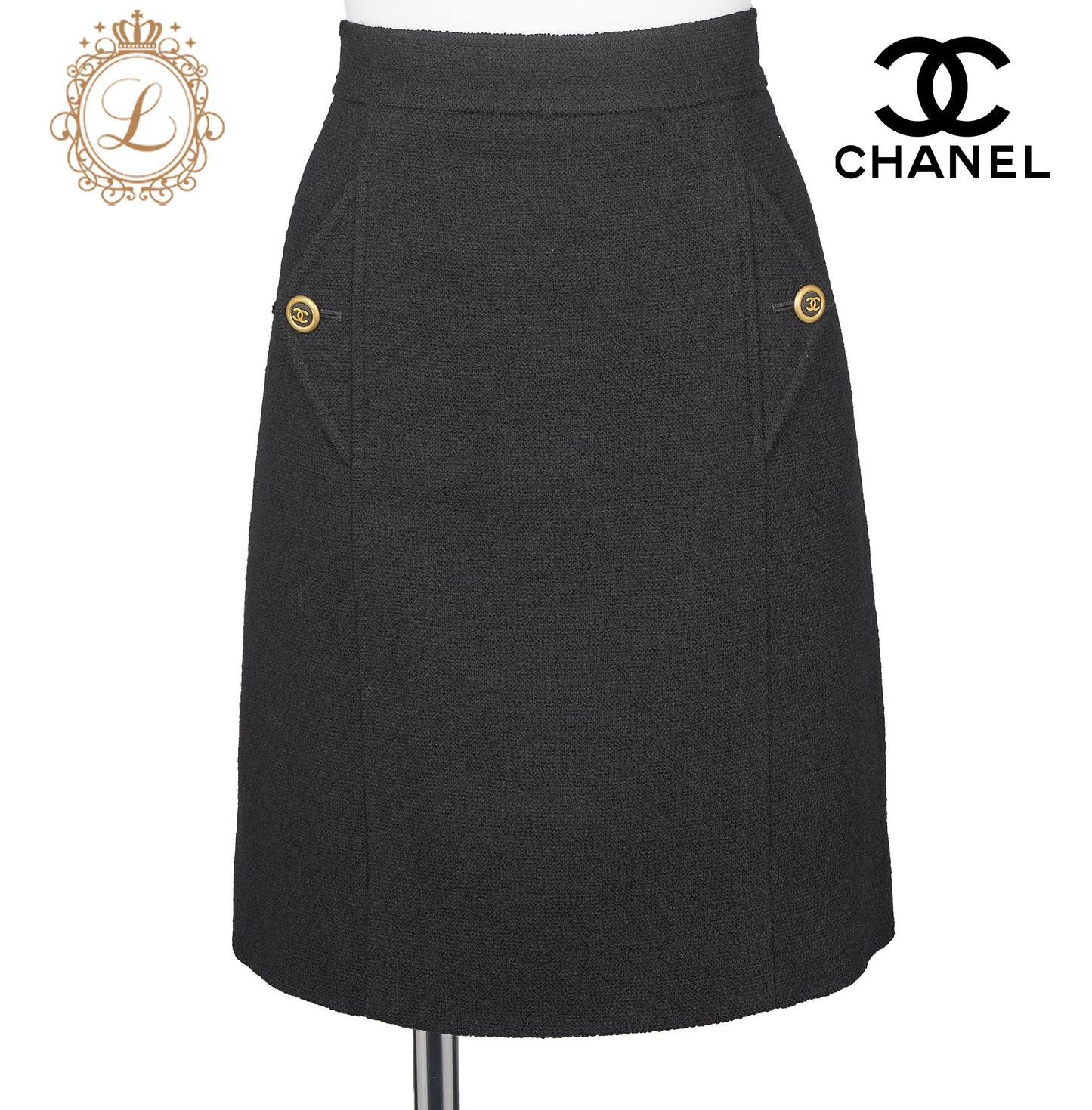 CHANEL Skirt Bottoms Coco Button, Wool Blend, Black, Silver-Tone Hardware, Pre-Owned - Vintage La Charme