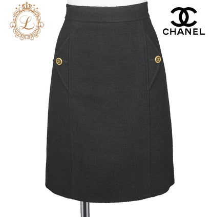 CHANEL Skirt Bottoms Coco Button, Wool Blend, Black, Silver-Tone Hardware, Pre-Owned - Vintage La Charme