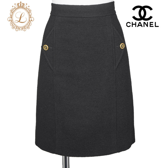 CHANEL Skirt Bottoms Coco Button, Wool Blend, Black, Silver-Tone Hardware, Pre-Owned - Vintage La Charme
