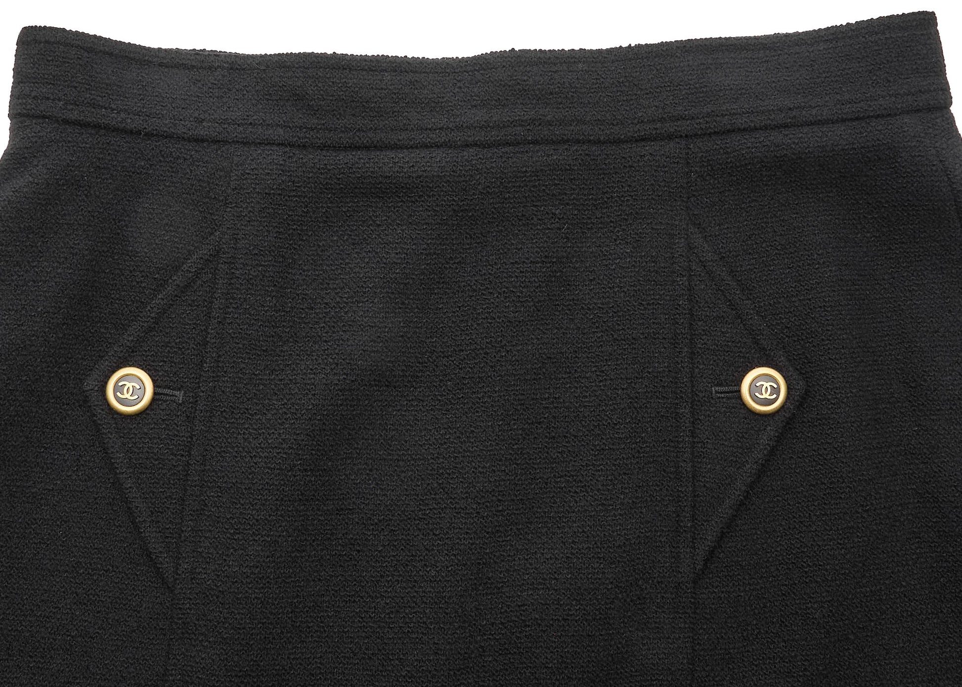 CHANEL Skirt Bottoms Coco Button, Wool Blend, Black, Silver-Tone Hardware, Pre-Owned - Vintage La Charme
