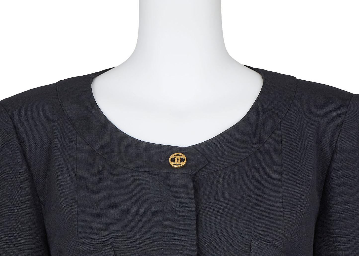 CHANEL Collarless Jacket, Outerwear Coat, Long Sleeve, Linen, Black, Gold-Tone Hardware, Pre-Owned - Vintage La Charme