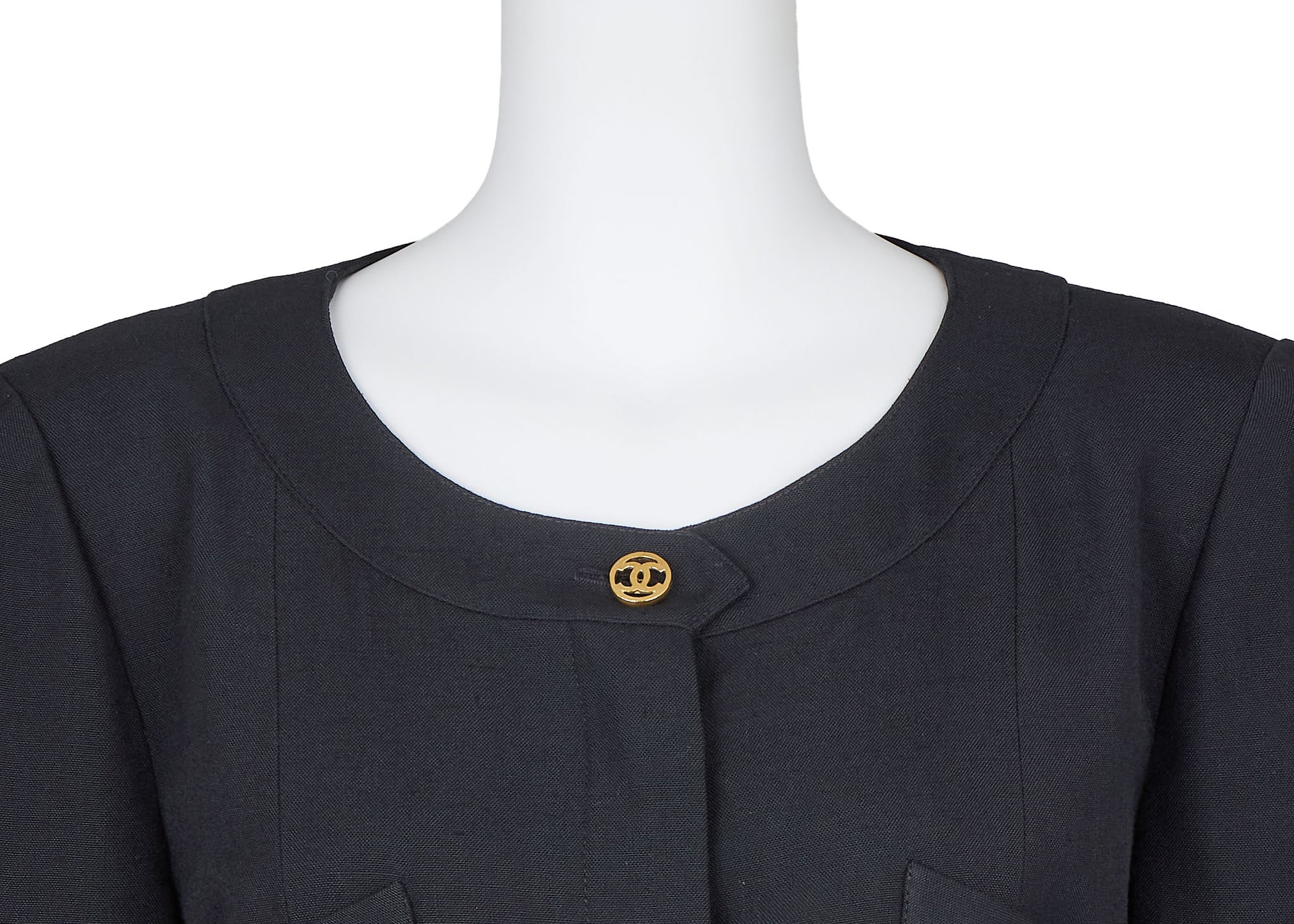 CHANEL Collarless Jacket, Outerwear Coat, Long Sleeve, Linen, Black, Gold-Tone Hardware, Pre-Owned - Vintage La Charme