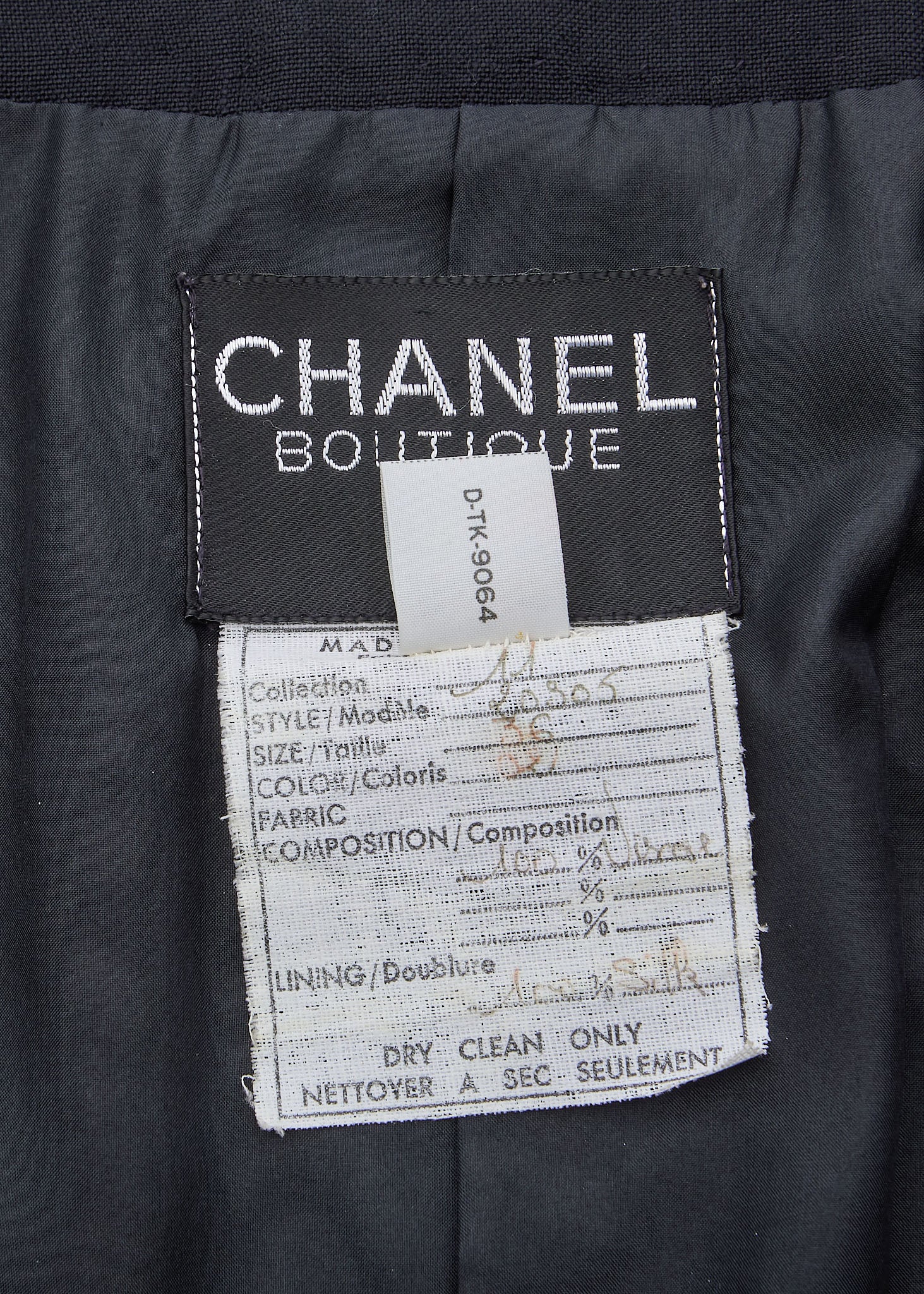 CHANEL Collarless Jacket, Outerwear Coat, Long Sleeve, Linen, Black, Gold-Tone Hardware, Pre-Owned - Vintage La Charme