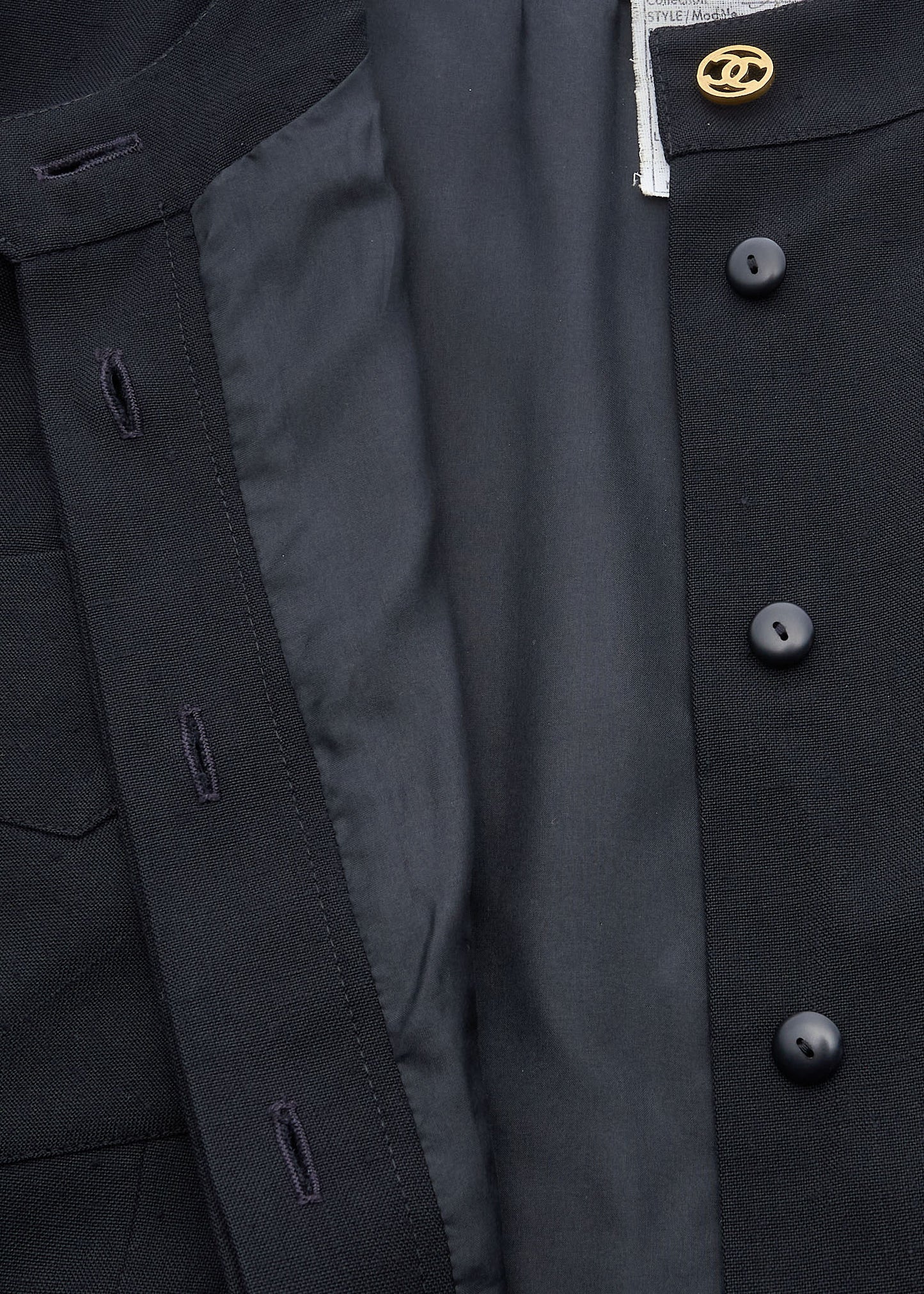 CHANEL Collarless Jacket, Outerwear Coat, Long Sleeve, Linen, Black, Gold-Tone Hardware, Pre-Owned - Vintage La Charme