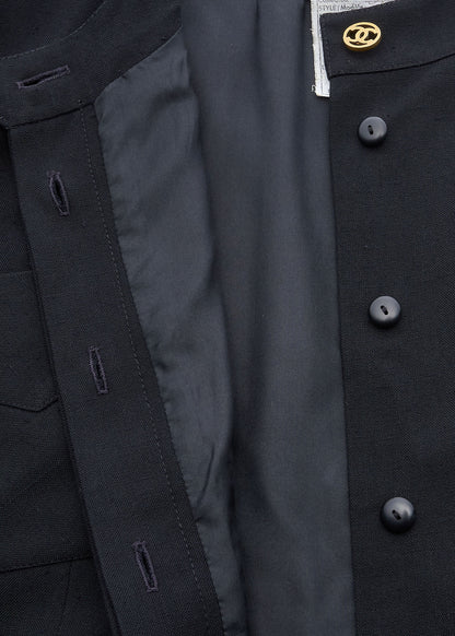 CHANEL Collarless Jacket, Outerwear Coat, Long Sleeve, Linen, Black, Gold-Tone Hardware, Pre-Owned - Vintage La Charme