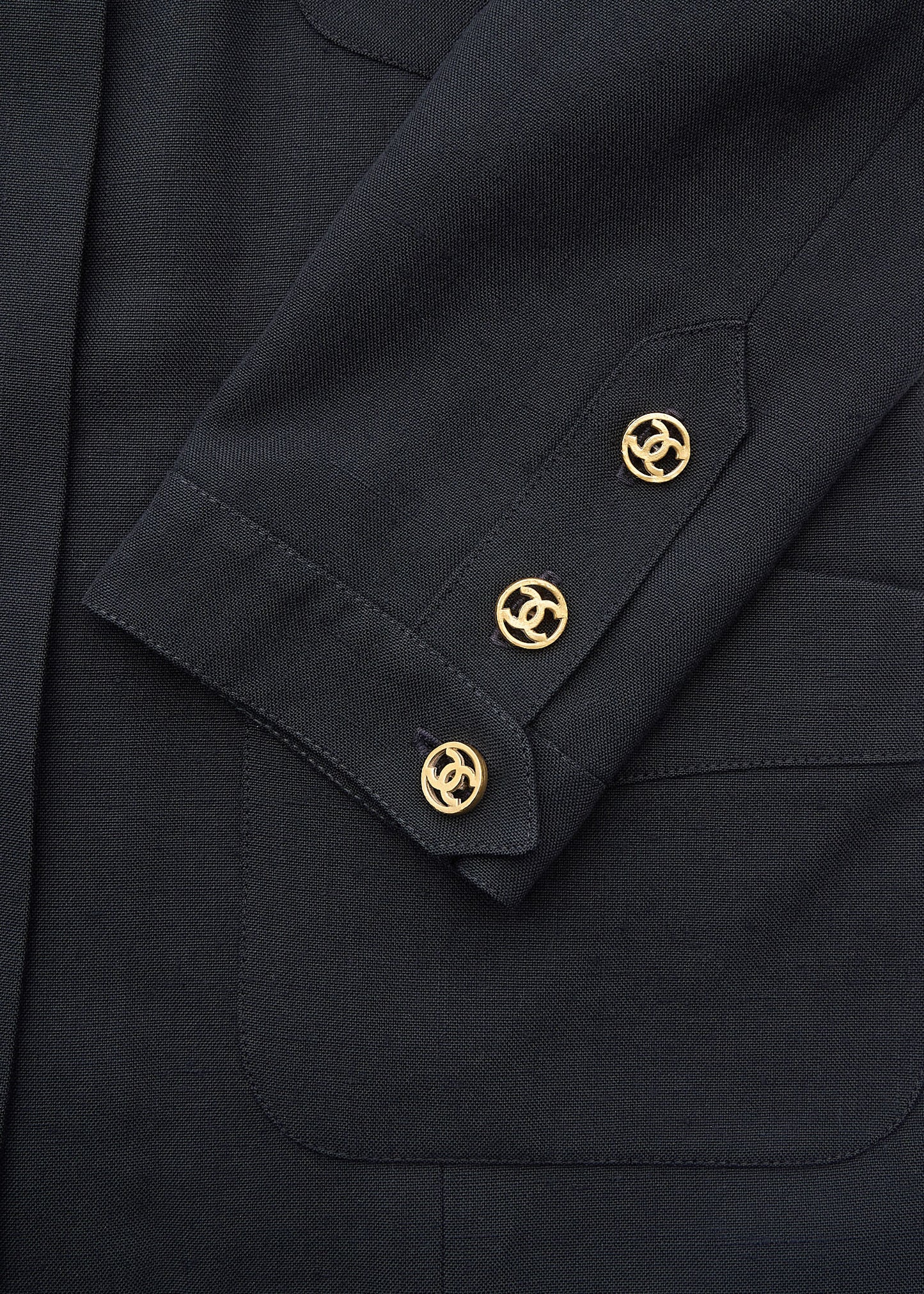 CHANEL Collarless Jacket, Outerwear Coat, Long Sleeve, Linen, Black, Gold-Tone Hardware, Pre-Owned - Vintage La Charme