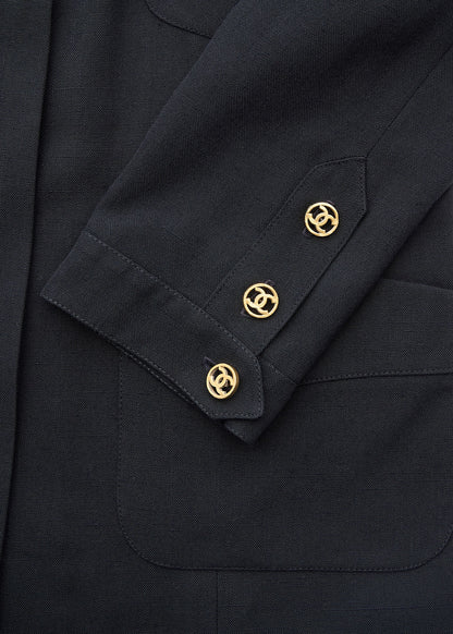 CHANEL Collarless Jacket, Outerwear Coat, Long Sleeve, Linen, Black, Gold-Tone Hardware, Pre-Owned - Vintage La Charme