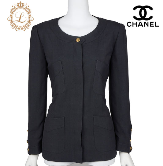 CHANEL Collarless Jacket, Outerwear Coat, Long Sleeve, Linen, Black, Gold-Tone Hardware, Pre-Owned - Vintage La Charme
