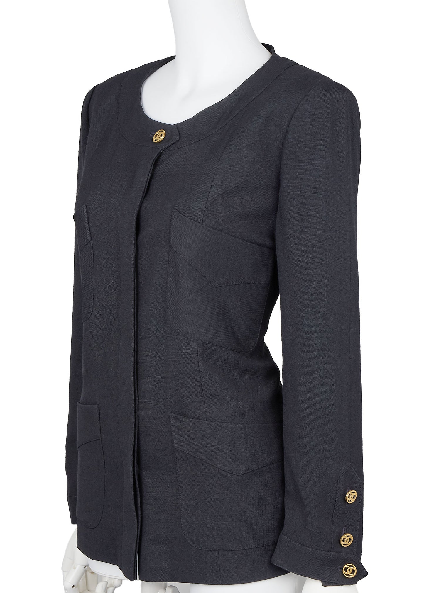 CHANEL Collarless Jacket, Outerwear Coat, Long Sleeve, Linen, Black, Gold-Tone Hardware, Pre-Owned - Vintage La Charme