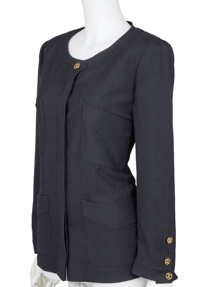 CHANEL Collarless Jacket, Outerwear Coat, Long Sleeve, Linen, Black, Gold-Tone Hardware, Pre-Owned - Vintage La Charme