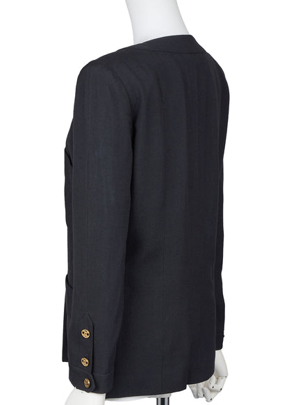 CHANEL Collarless Jacket, Outerwear Coat, Long Sleeve, Linen, Black, Gold-Tone Hardware, Pre-Owned - Vintage La Charme