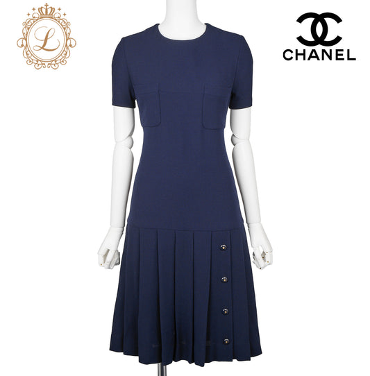 CHANEL Dress, Coco Button Pleated, Wool, Navy, Gold-Tone Hardware, Pre-Owned - Vintage La Charme