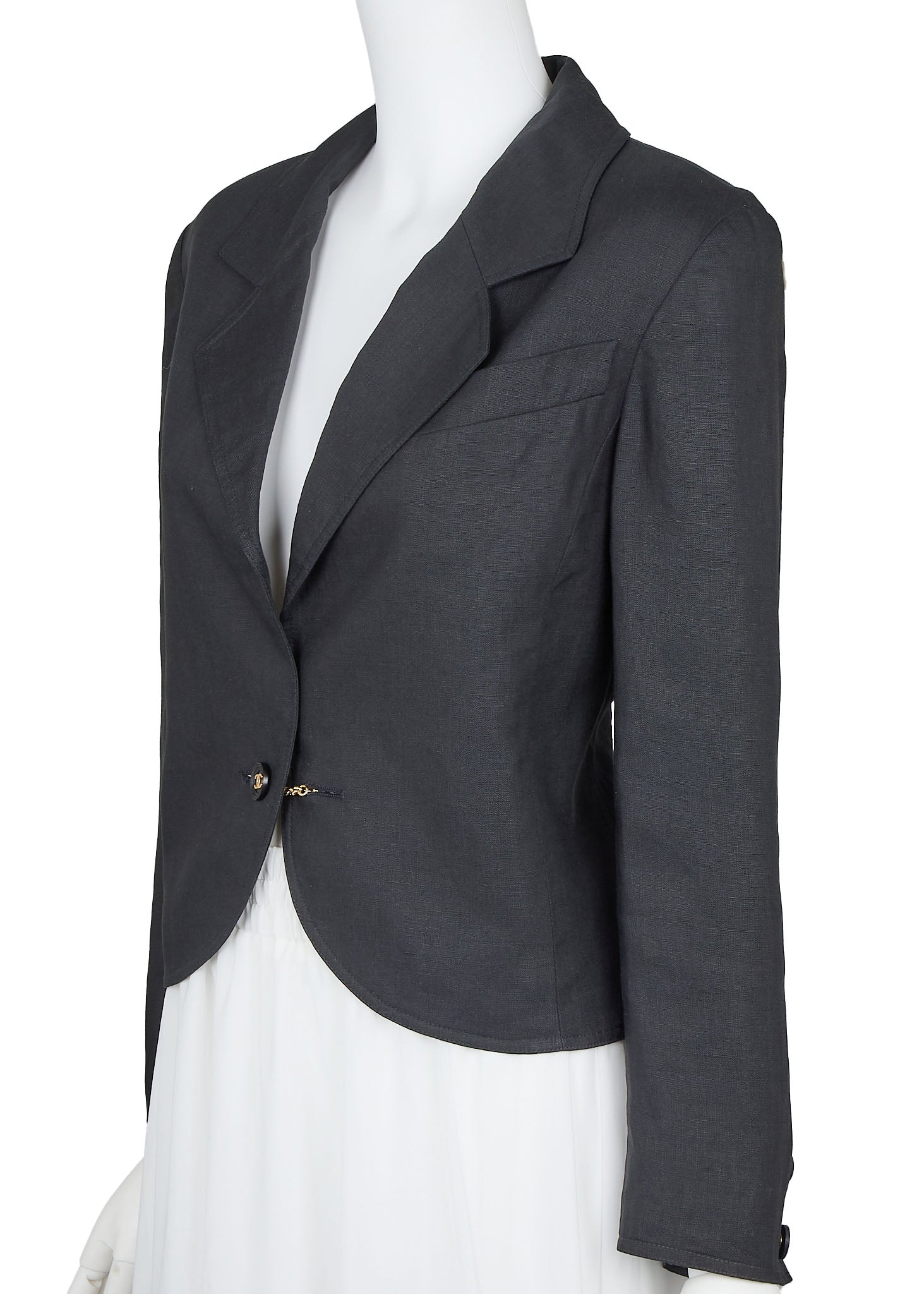 CHANEL Cropped Jacket, Coco Button, Linen, Black, Silver-Tone Hardware, Pre-Owned - Vintage La Charme