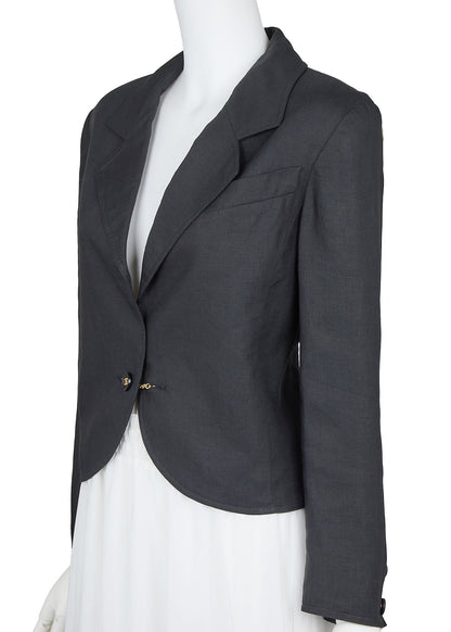 CHANEL Cropped Jacket, Coco Button, Linen, Black, Silver-Tone Hardware, Pre-Owned - Vintage La Charme