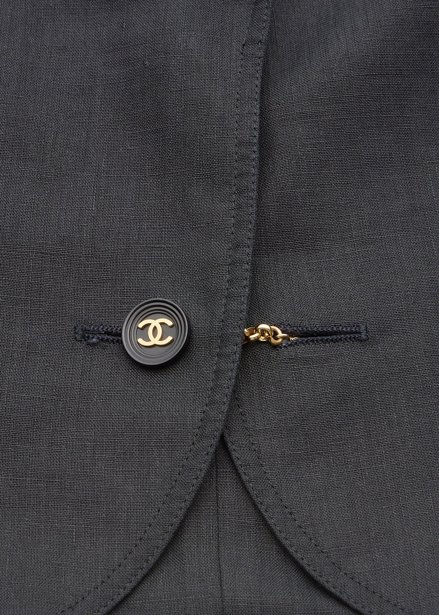 CHANEL Cropped Jacket, Coco Button, Linen, Black, Silver-Tone Hardware, Pre-Owned - Vintage La Charme