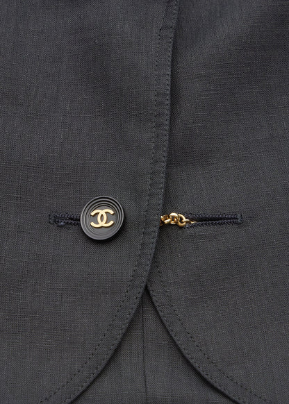 CHANEL Cropped Jacket, Coco Button, Linen, Black, Silver-Tone Hardware, Pre-Owned - Vintage La Charme