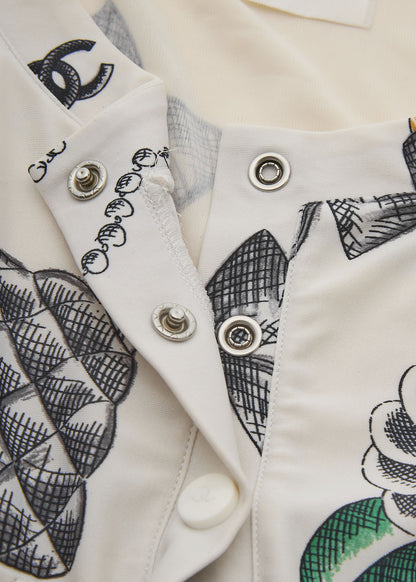 CHANEL T-Shirt, Cropped, Total Pattern, Nylon Spandex Blend, White, Gold-Tone Hardware, Pre-Owned - Vintage La Charme