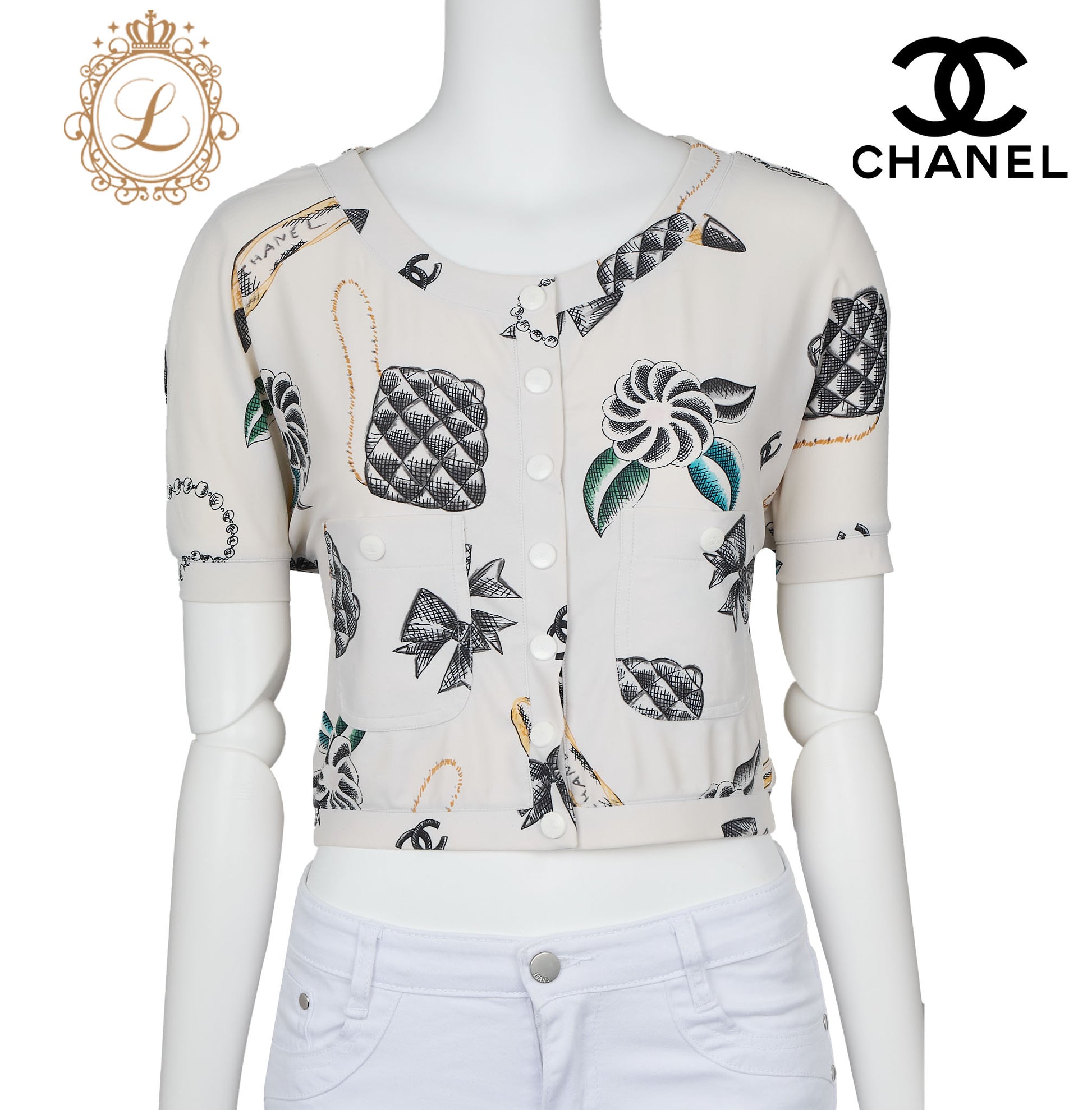CHANEL T-Shirt, Cropped, Total Pattern, Nylon Spandex Blend, White, Gold-Tone Hardware, Pre-Owned - Vintage La Charme
