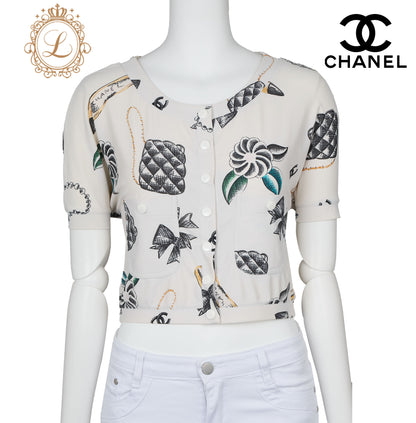 CHANEL T-Shirt, Cropped, Total Pattern, Nylon Spandex Blend, White, Gold-Tone Hardware, Pre-Owned - Vintage La Charme