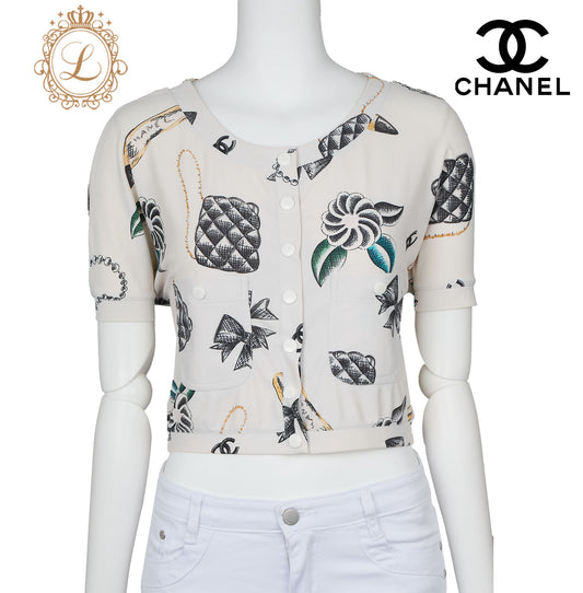CHANEL T-Shirt, Cropped, Total Pattern, Nylon Spandex Blend, White, Gold-Tone Hardware, Pre-Owned - Vintage La Charme