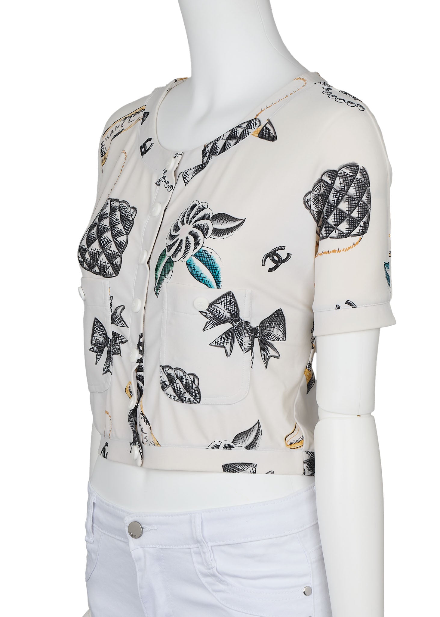 CHANEL T-Shirt, Cropped, Total Pattern, Nylon Spandex Blend, White, Gold-Tone Hardware, Pre-Owned - Vintage La Charme