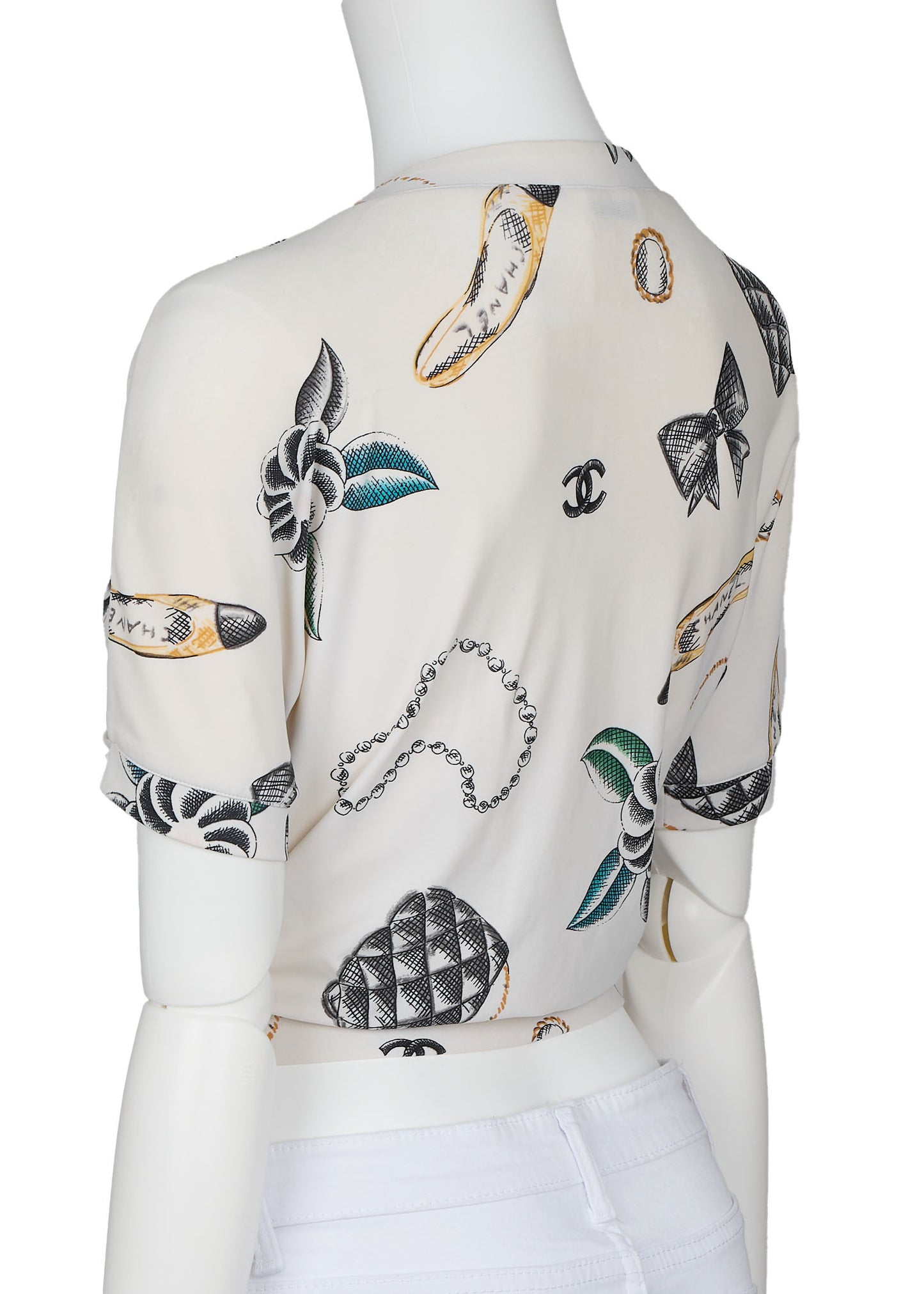 CHANEL T-Shirt, Cropped, Total Pattern, Nylon Spandex Blend, White, Gold-Tone Hardware, Pre-Owned - Vintage La Charme