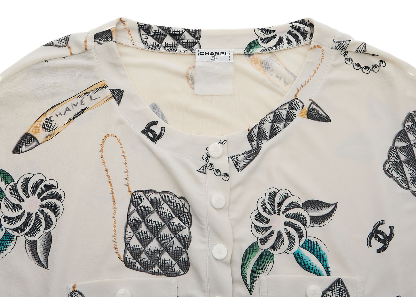 CHANEL T-Shirt, Cropped, Total Pattern, Nylon Spandex Blend, White, Gold-Tone Hardware, Pre-Owned - Vintage La Charme