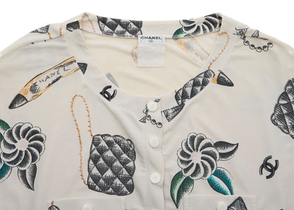 CHANEL T-Shirt, Cropped, Total Pattern, Nylon Spandex Blend, White, Gold-Tone Hardware, Pre-Owned - Vintage La Charme