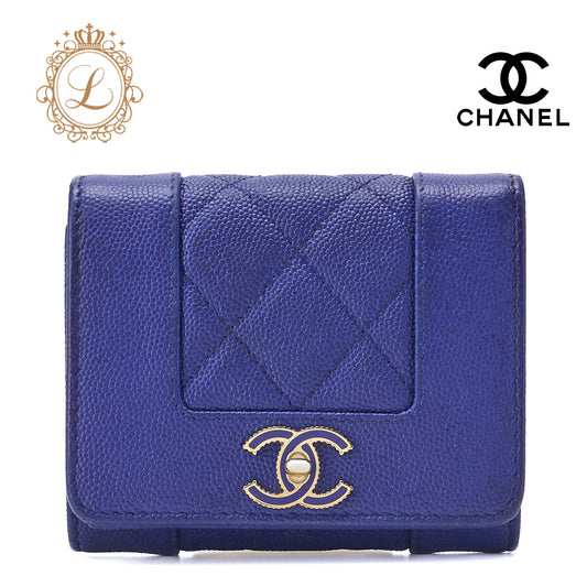 CHANEL Compact Wallet, Matelasse, Tri-Fold, Caviar Skin, Blue, Gold-Tone Hardware, Pre-Owned - Vintage La Charme