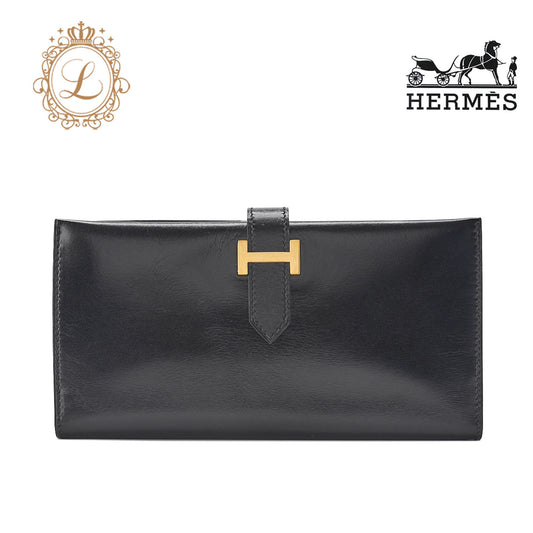 HERMES Bearn Soufflet Two-Fold Long Wallet Box Calf Black Gold-Tone Hardware Pre-Owned - Vintage La Charme