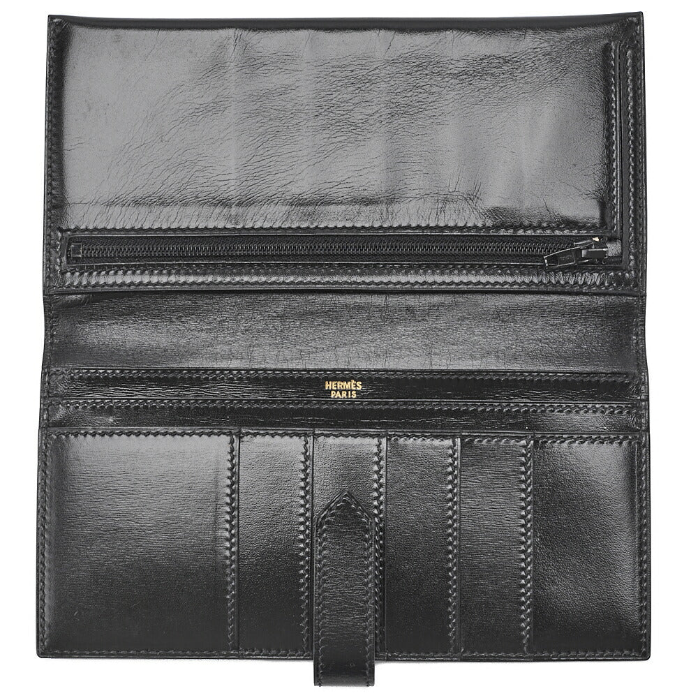 HERMES Bearn Soufflet Two-Fold Long Wallet Box Calf Black Gold-Tone Hardware Pre-Owned - Vintage La Charme