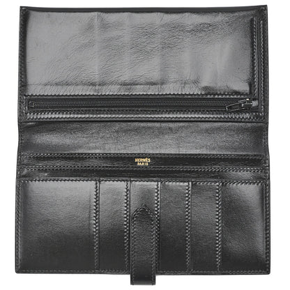 HERMES Bearn Soufflet Two-Fold Long Wallet Box Calf Black Gold-Tone Hardware Pre-Owned - Vintage La Charme