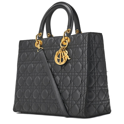 Dior Lady Dior Cannage 2WAY Handbag Lambskin Black Gold-Tone Hardware Pre-Owned - Vintage La Charme