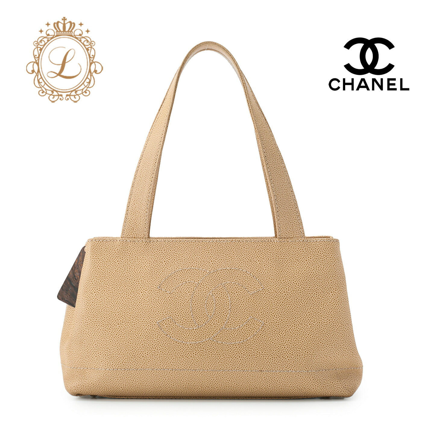 CHANEL Handbag, Coco Mark, Wood Pattern Charm, Caviar Skin, Beige, Gold-Tone Hardware, Pre-Owned - Vintage La Charme