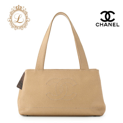 CHANEL Handbag, Coco Mark, Wood Pattern Charm, Caviar Skin, Beige, Gold-Tone Hardware, Pre-Owned - Vintage La Charme