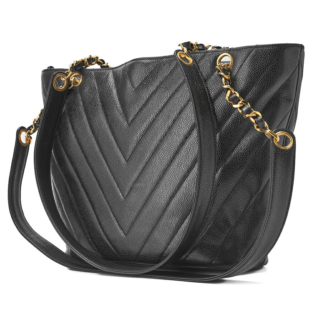 CHANEL Shoulder Bag, V-Stitch, Double Chain, Caviar Skin, Black, Gold-Tone Hardware, Pre-Owned - Vintage La Charme