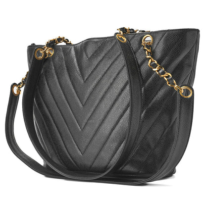 CHANEL Shoulder Bag, V-Stitch, Double Chain, Caviar Skin, Black, Gold-Tone Hardware, Pre-Owned - Vintage La Charme