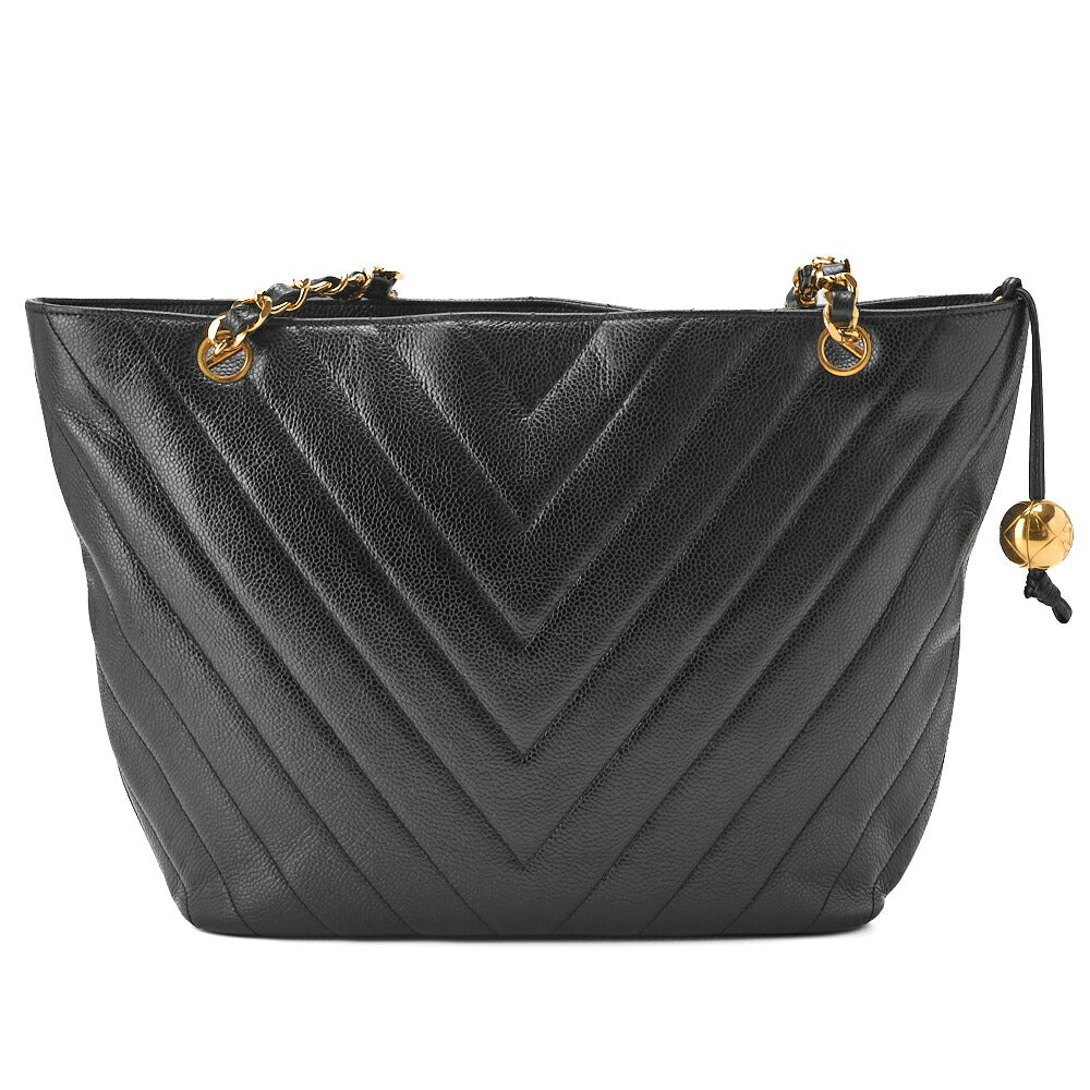 CHANEL Shoulder Bag, V-Stitch, Double Chain, Caviar Skin, Black, Gold-Tone Hardware, Pre-Owned - Vintage La Charme