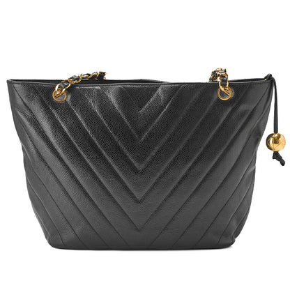CHANEL Shoulder Bag, V-Stitch, Double Chain, Caviar Skin, Black, Gold-Tone Hardware, Pre-Owned - Vintage La Charme