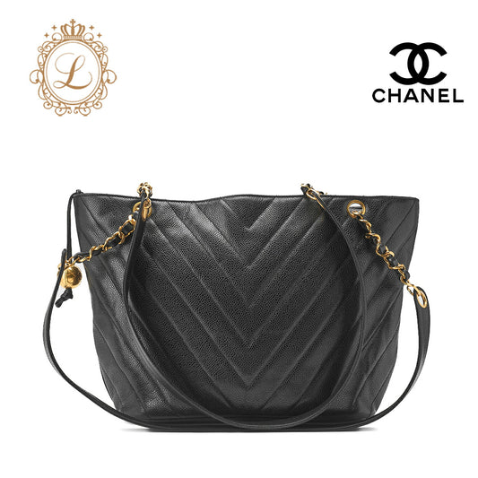 CHANEL Shoulder Bag, V-Stitch, Double Chain, Caviar Skin, Black, Gold-Tone Hardware, Pre-Owned - Vintage La Charme