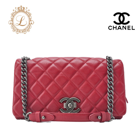 CHANEL Shoulder Bag Matelasse Full Flap Chain Shoulder Caviar Skin Red Silver-Tone Hardware Pre-Owned - Vintage La Charme
