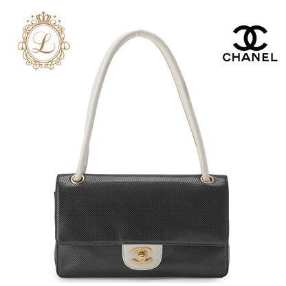 CHANEL Shoulder Bag, Punching, Leather, Black, Gold-Tone Hardware, Pre-Owned - Vintage La Charme