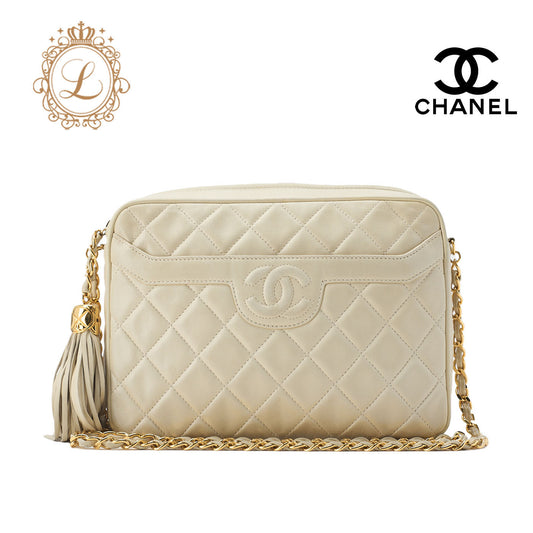 CHANEL Shoulder Bag, Matelasse, Fringe Chain Shoulder, Lambskin, Ivory, Gold-Tone Hardware, Pre-Owned - Vintage La Charme