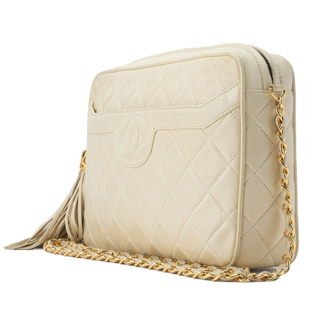 CHANEL Shoulder Bag, Matelasse, Fringe Chain Shoulder, Lambskin, Ivory, Gold-Tone Hardware, Pre-Owned - Vintage La Charme